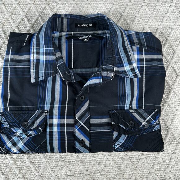 Carbon Men's Large Western Plaid Button Shirt Black Blue Long Sleeve - Picture 6 of 8